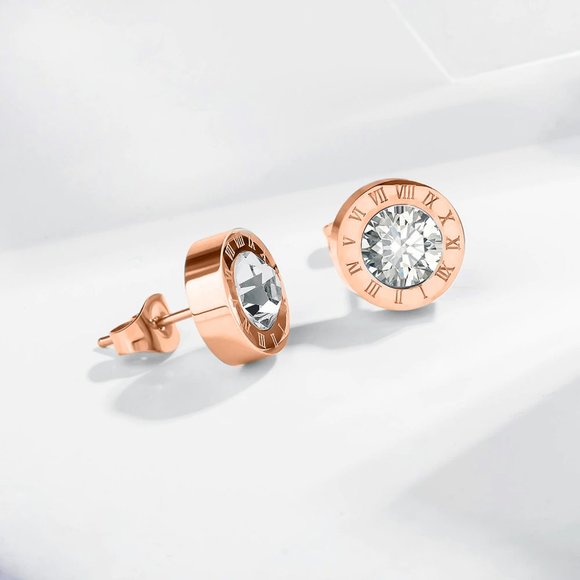 Roman Numeral Stainless Steel Rose Gold Stud Earrings With Diamond - Picture 2 of 5